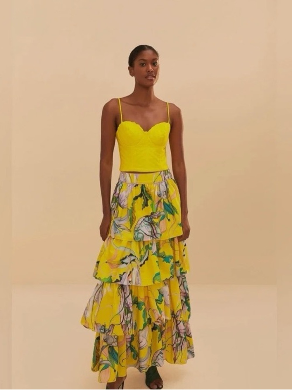 FARM Rio Yellow Tiered Floral Maxi Skirt